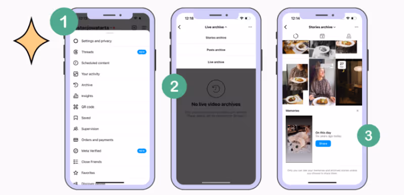 Instagram'da arşivlenmiş hikayelere erişmek için farklı adımları gösteren ekran görüntüleri