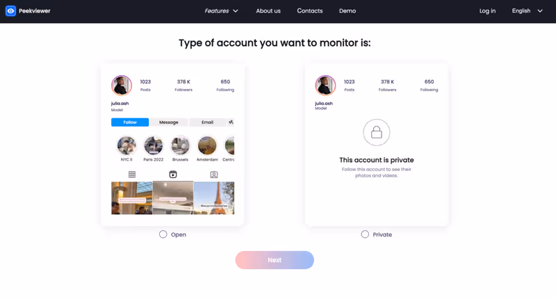 Instagram profile analyzer tool: Peekviewer account creation