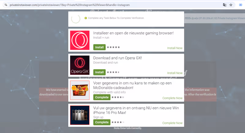 Odd verification form on the Privateinstaviewer website